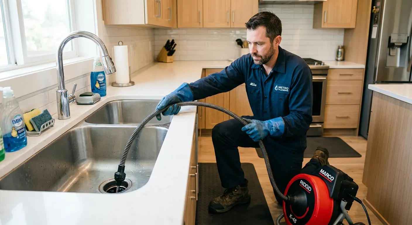 Drain cleaning technician using a motorized snake on a kitchen sink in Nyack