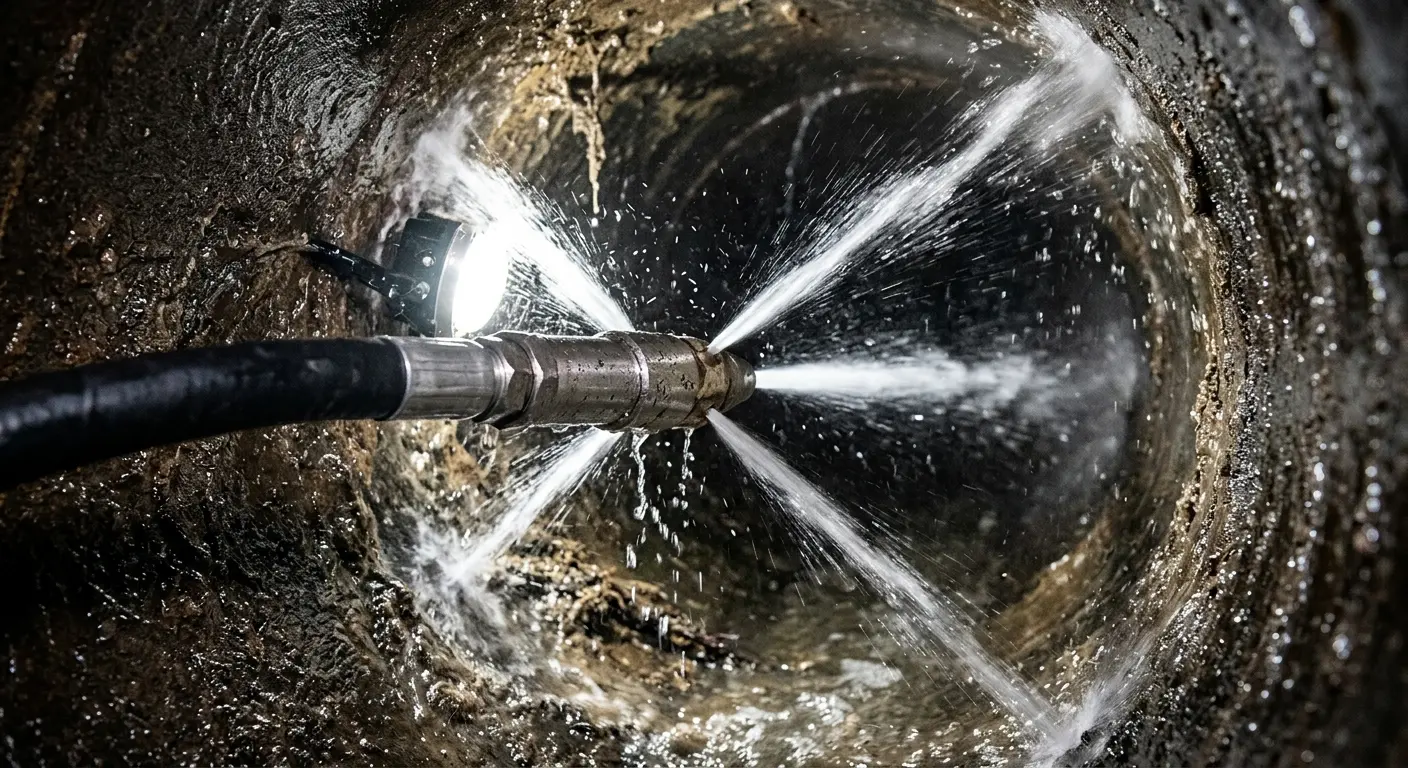High-pressure hydro jetting nozzle cleaning sewer pipe for Storm Drain Cleaning in Nyack