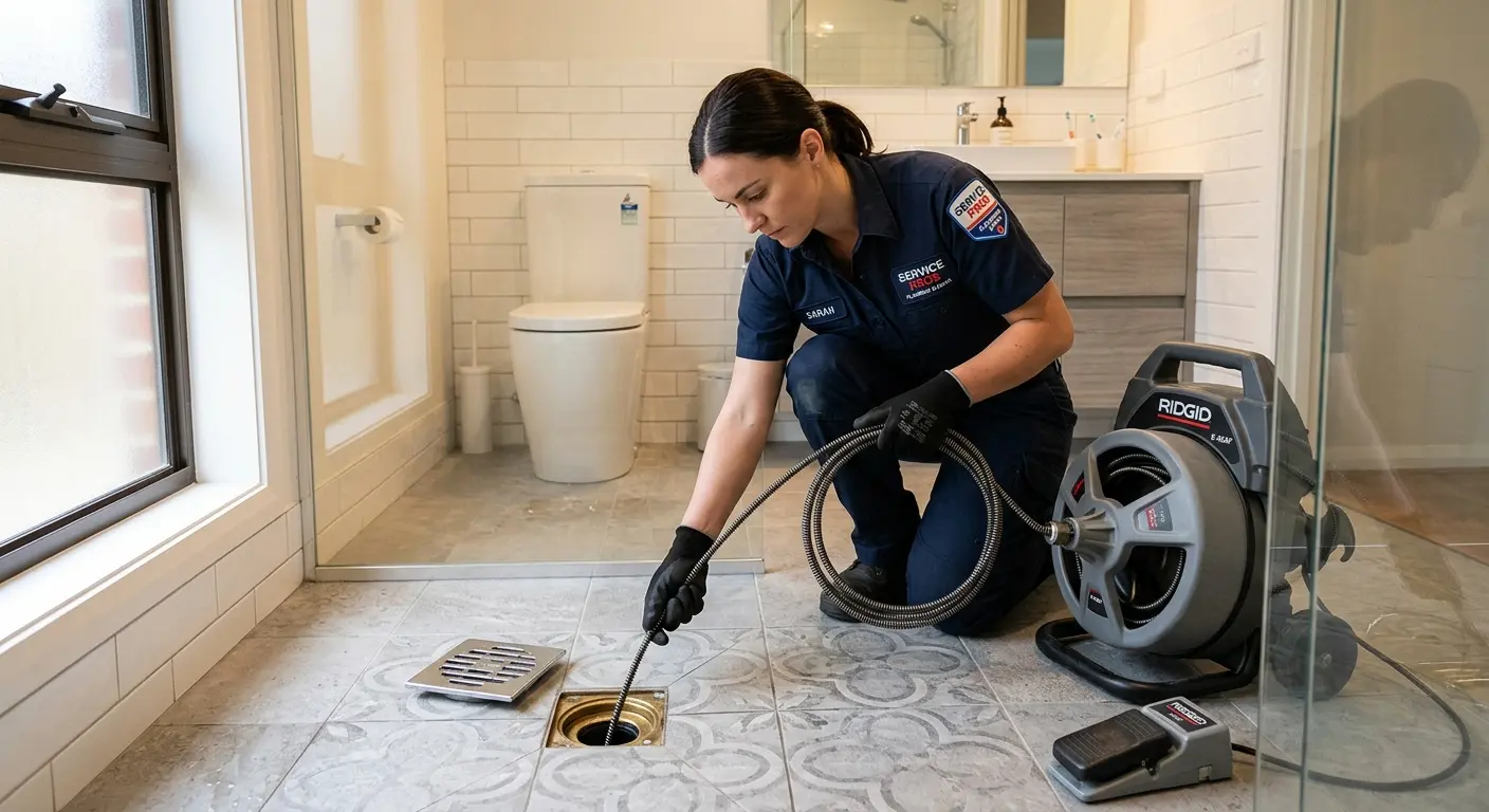Technician clearing a bathroom floor drain for Sewer Line Installation in Nyack